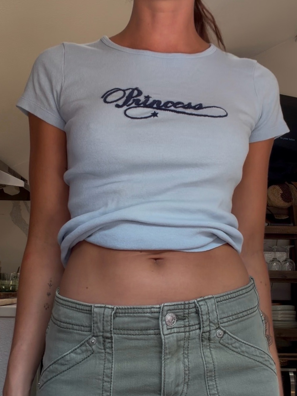 Brandy Melville Light Blue "Princess" Embroidered Crop Tee